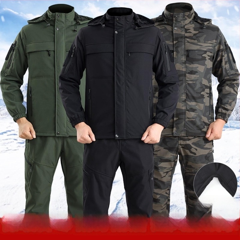 Férfi téli munkaruha készlet: vastag fleece-béléssel ellátott kabát és nadrág