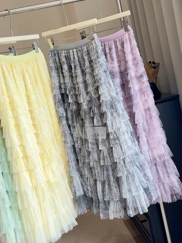 Gradient színű cake szoknya, középméret, poliészter, japán-koreai lazább stílus