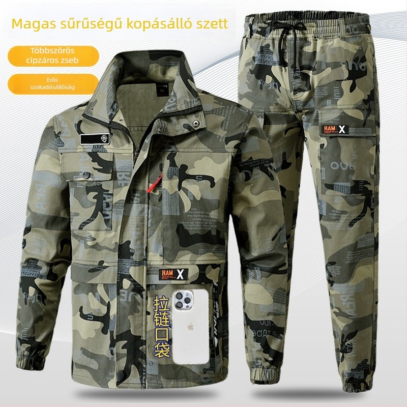Férfi camouflage munkaruha szett, kopásálló, vastag, vízálló pamut–keverékből, gyárban és kültéren