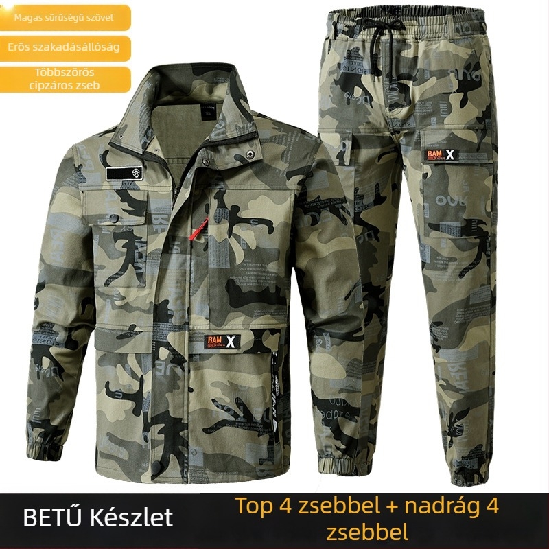 Férfi camouflage munkaruha szett, kopásálló, vastag, vízálló pamut–keverékből, gyárban és kültéren
