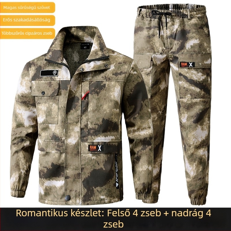 Férfi camouflage munkaruha szett, kopásálló, vastag, vízálló pamut–keverékből, gyárban és kültéren