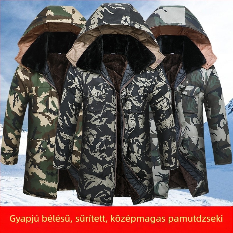 Férfi téli szélálló bélelt polárdzseki középmagasságú, kapucnival, cipzárral, több zsebbel
