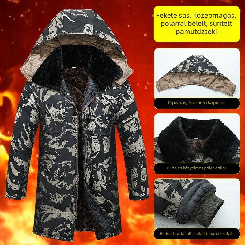 Férfi téli szélálló bélelt polárdzseki középmagasságú, kapucnival, cipzárral, több zsebbel