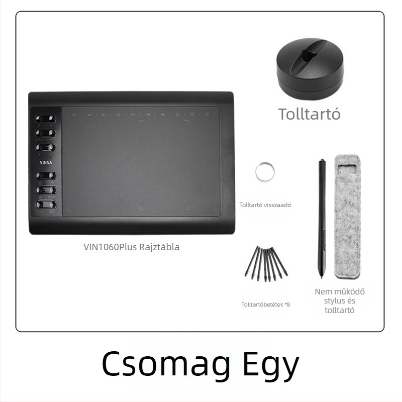 Wencai VIN1060PLUS digitális rajztábla passzív tollal, 16384 nyomásérzékelési szint, kompatibilis számítógéppel és mobileszközzel, ABS tok