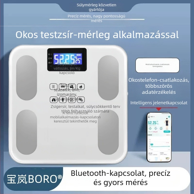 Okos digitális testsúly- és zsírmérő otthoni használatra – testsúly, zsír, kalória és nedvesség mérése