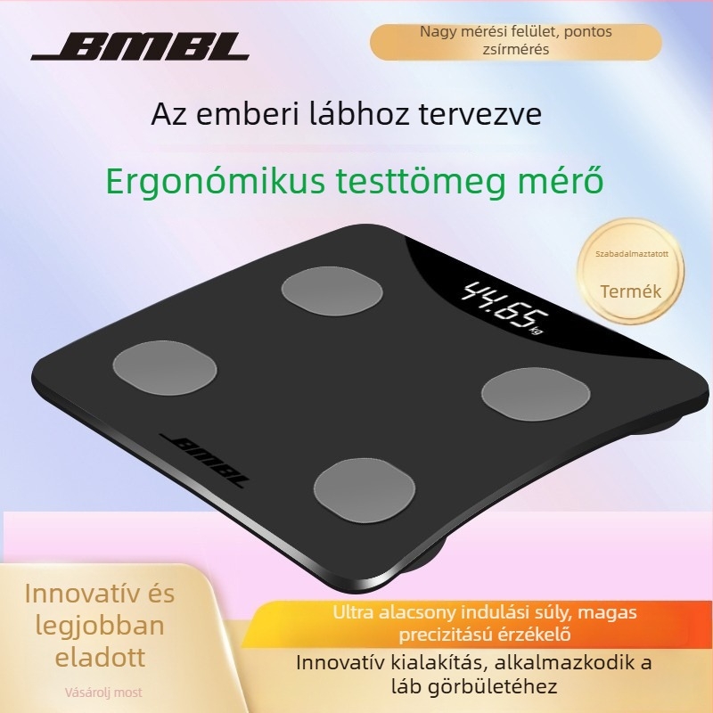 Testzsírmérő mérleg ergonómikus lábív dizájnnal (SZM001, LED kijelző, 70×34 mm kijelző, tartomány 5–180 kg, edzett üveg)