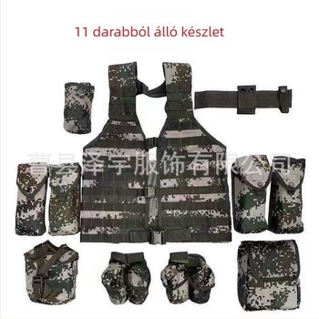 Taktikai mellény kiegészítő készlettel, mintázat: álcázó, anyag: kémiai rostból készült, vízálló, UV-védelem, kopásálló, szélálló; alkalmas futásra, túrázásra és kempingezésre, lövész sportokra