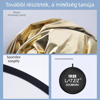 Fotózásra tervezett hordozható, összecsukható kör alakú reflektor, 5–in–1, magnézium-ötvözetből, teherbírás 2–5 kg, tömeg 0.1 kg