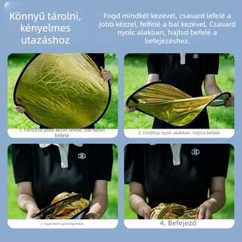 Fotózásra tervezett hordozható, összecsukható kör alakú reflektor, 5–in–1, magnézium-ötvözetből, teherbírás 2–5 kg, tömeg 0.1 kg