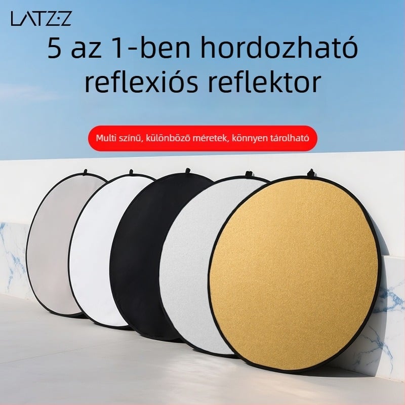 Fotózásra tervezett hordozható, összecsukható kör alakú reflektor, 5–in–1, magnézium-ötvözetből, teherbírás 2–5 kg, tömeg 0.1 kg
