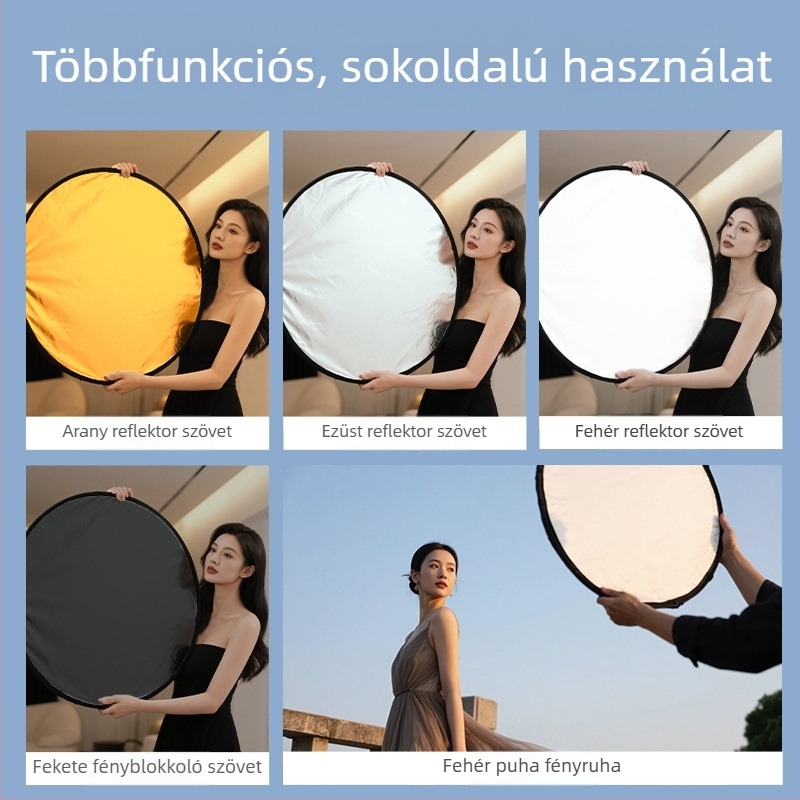 Fotózásra tervezett hordozható, összecsukható kör alakú reflektor, 5–in–1, magnézium-ötvözetből, teherbírás 2–5 kg, tömeg 0.1 kg