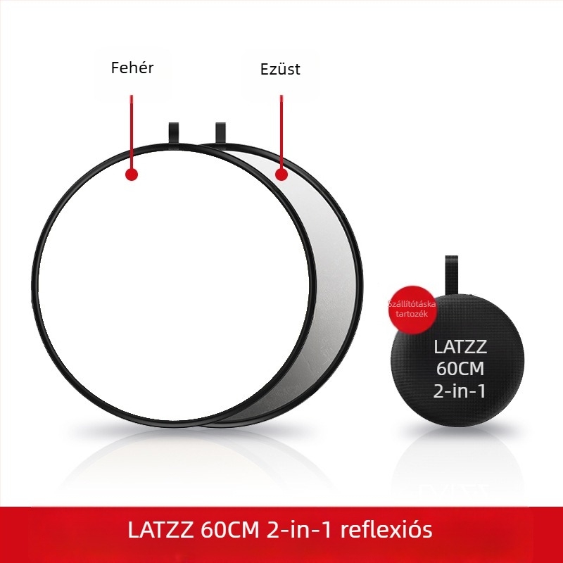 Fotózásra tervezett hordozható, összecsukható kör alakú reflektor, 5–in–1, magnézium-ötvözetből, teherbírás 2–5 kg, tömeg 0.1 kg