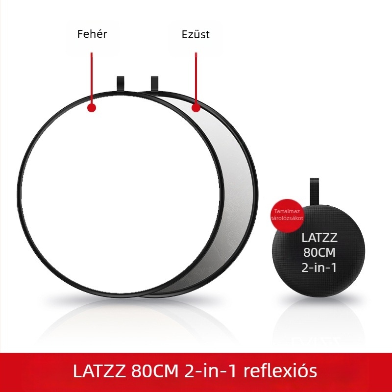 Fotózásra tervezett hordozható, összecsukható kör alakú reflektor, 5–in–1, magnézium-ötvözetből, teherbírás 2–5 kg, tömeg 0.1 kg