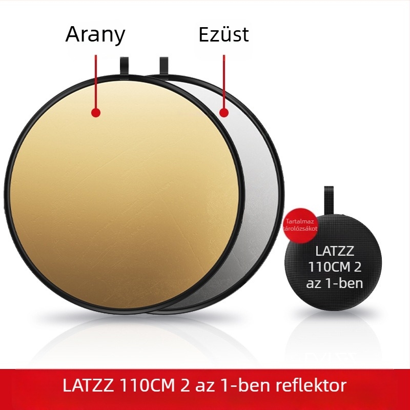Fotózásra tervezett hordozható, összecsukható kör alakú reflektor, 5–in–1, magnézium-ötvözetből, teherbírás 2–5 kg, tömeg 0.1 kg