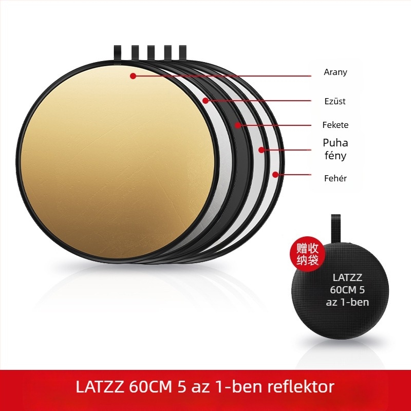 Fotózásra tervezett hordozható, összecsukható kör alakú reflektor, 5–in–1, magnézium-ötvözetből, teherbírás 2–5 kg, tömeg 0.1 kg