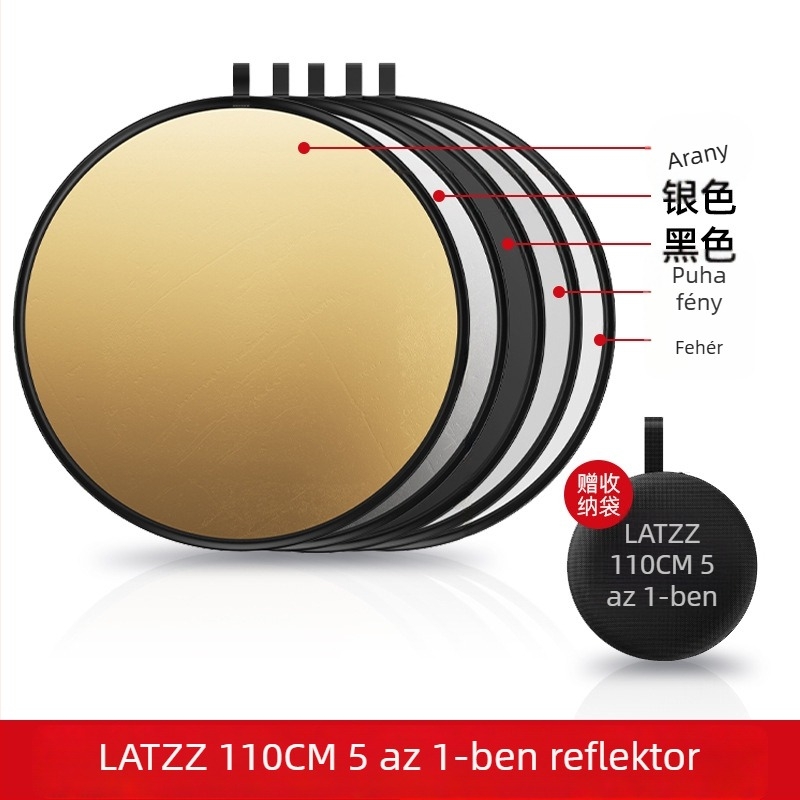 Fotózásra tervezett hordozható, összecsukható kör alakú reflektor, 5–in–1, magnézium-ötvözetből, teherbírás 2–5 kg, tömeg 0.1 kg