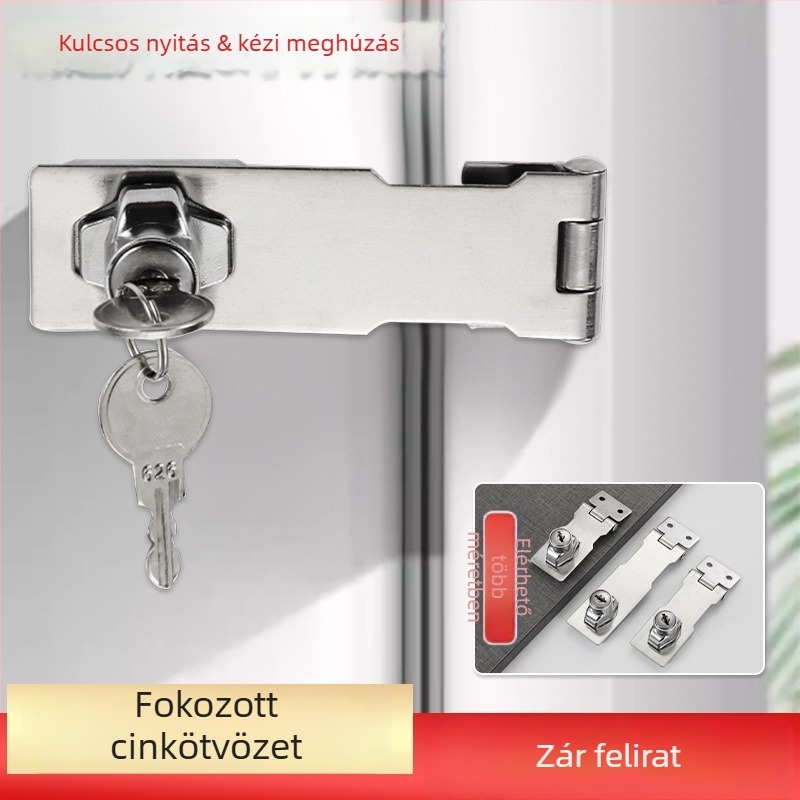 Nemesacél zárólemez zárkapuval faajtókhoz, fiókokhoz és szekrényekhez; felület: finomra csiszolt/elektroplatált; anyag: nemesacél és cink ötvözet; modell: locking latch