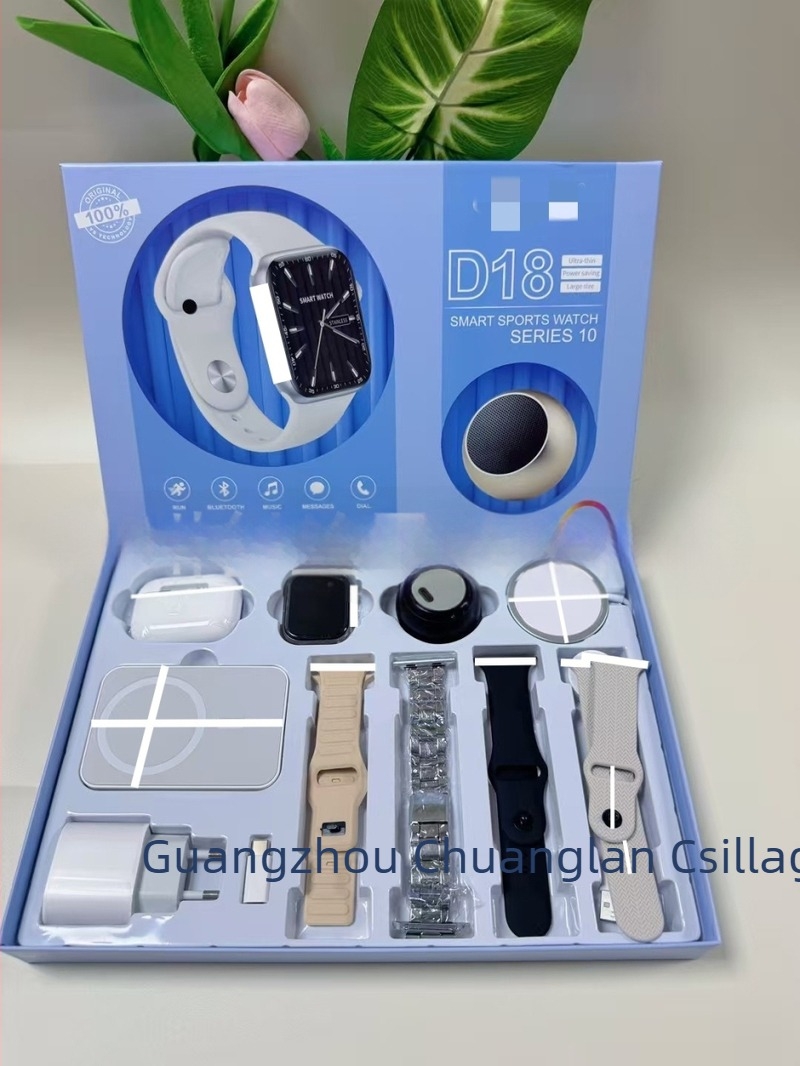 D17 Series 10 Okosóra Bluetooth telefonhívásokhoz – Készlet: óra, szíj, Bluetooth fülhallgató, Bluetooth hangszóró, vezeték nélküli töltő és töltőkábel