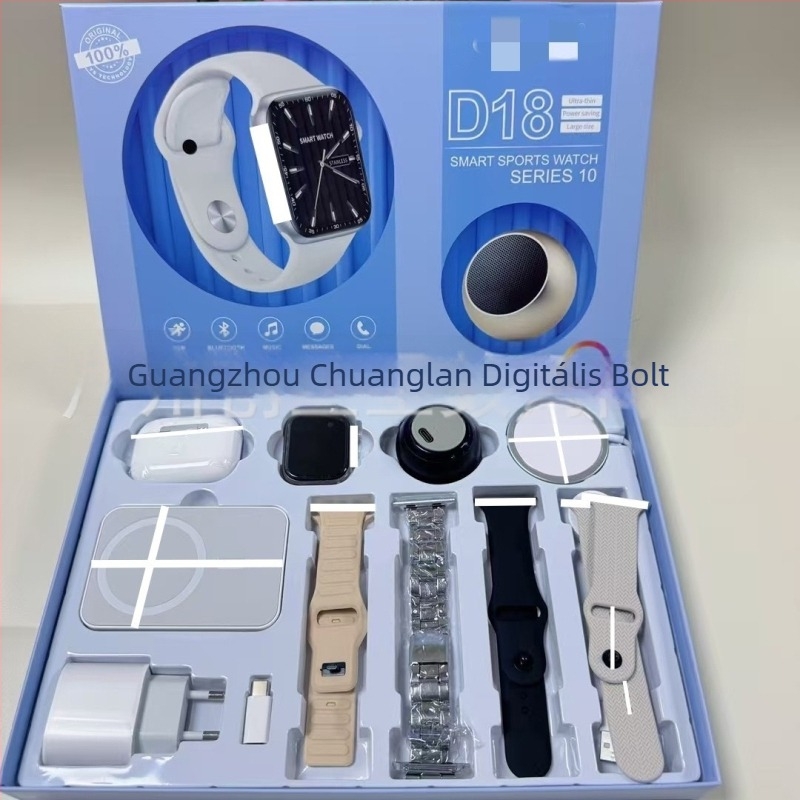 D17 Series 10 Okosóra Bluetooth telefonhívásokhoz – Készlet: óra, szíj, Bluetooth fülhallgató, Bluetooth hangszóró, vezeték nélküli töltő és töltőkábel