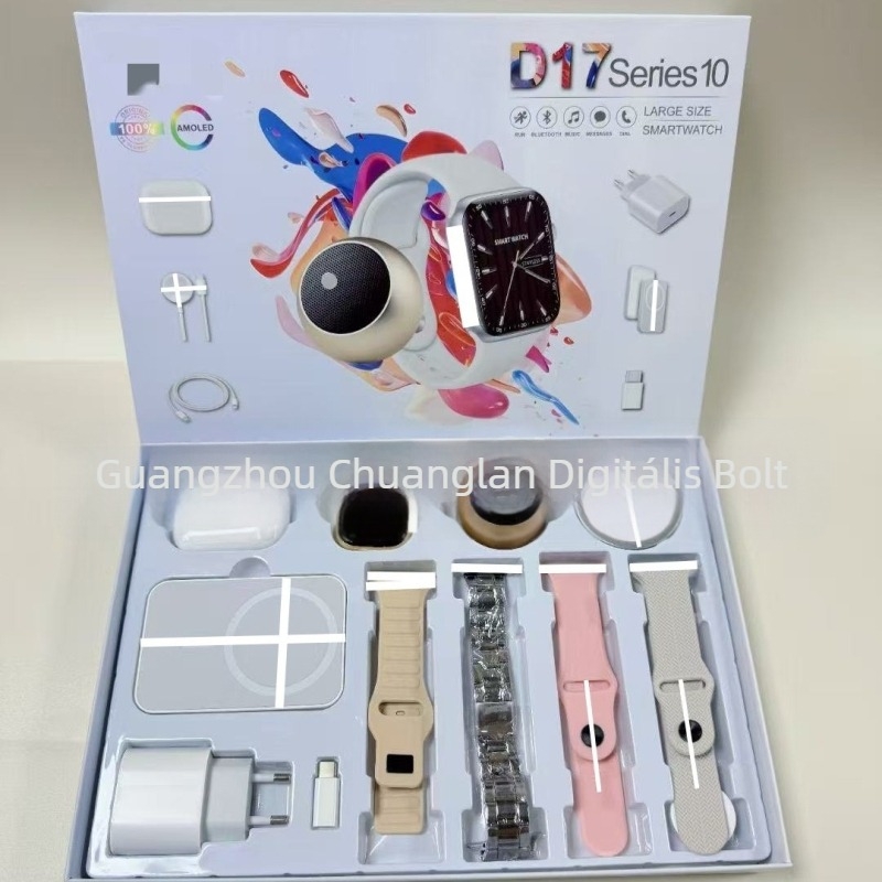 D17 Series 10 Okosóra Bluetooth telefonhívásokhoz – Készlet: óra, szíj, Bluetooth fülhallgató, Bluetooth hangszóró, vezeték nélküli töltő és töltőkábel