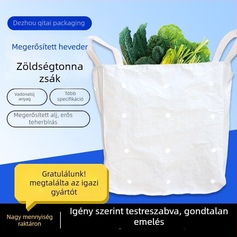 Masszív szőtt tonnas zsák perforációkkal, vastított és kopásálló, nyitható felső résszel, pántokkal a burgonya és zöldség szállításához