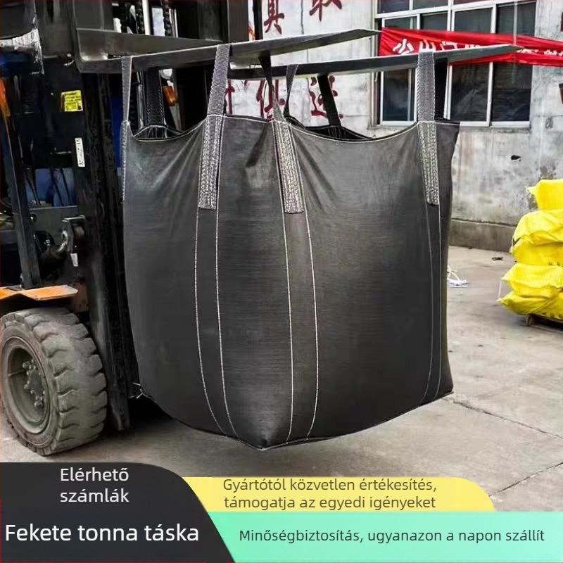Fekete PP négyszögletes konténerzsák, 1 tonna teherbírás, logóval nyomtatva