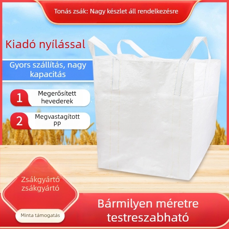 Fehér tonnás zsák kiömlőcsővel, konténerzsák, híd-előnyomó kialakítás, árvízvédelmi térzsák, ipari tonnzsák, vastított és tartós.