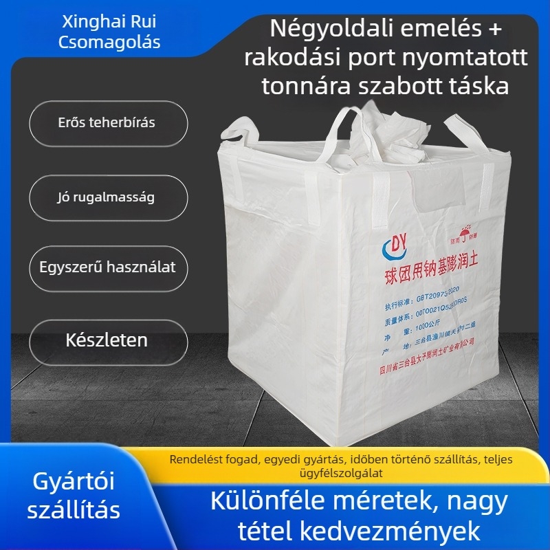 Fehér ipari tonnas zsák négy oldalú emelőfülekkel és töltőnyílással, szövött zsák egyedi nyomtatással