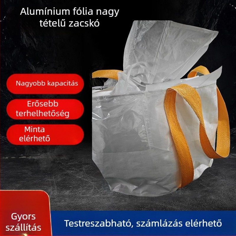 Konténerzsák négy emelőgyűrűvel és belső alumíniumfóliával, szövött tömeges zsák (hordozó anyagok: műanyag, cement, gabona, ásványi anyagok, kémiai ipar)