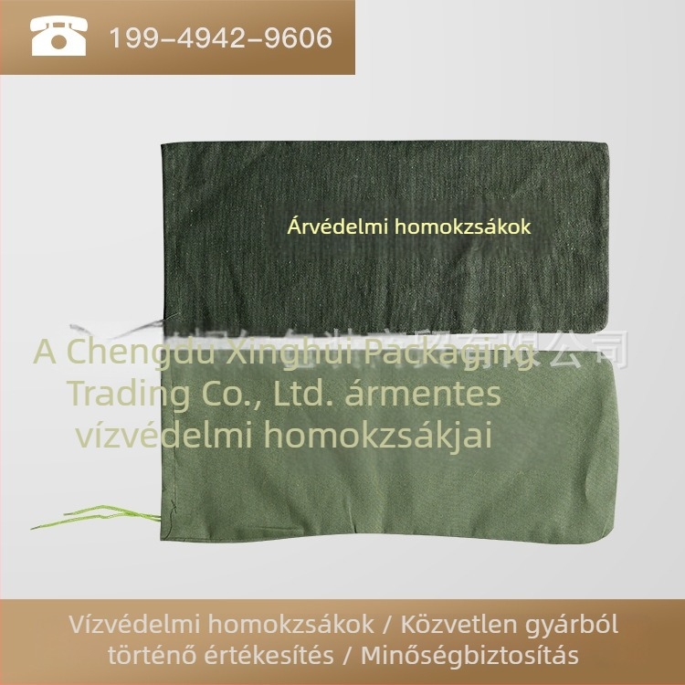 Vászon árvízvédelmi homokzsákok, 50 kg teherbírás, alkalmas cement szállítására, árvízvédelmi célra tervezve.