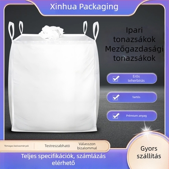 Fehér szövött konténerzsák megerősített hevederekkel, 1 t teherbírás, négy kampós tonzsák, tároló táska, puha paletta