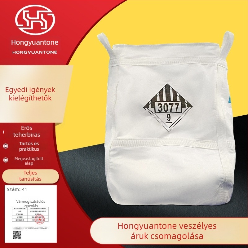 Veszélyes anyagok csomagoló zsákja, tonzsák, sík aljú, nyitott szájú kivitel, megerősített, kopásálló konténerzsák