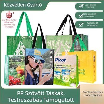 Kézzel szőtt táska logónyomással, szövött anyag, fonat vastagsága 130, teherbírás 30 kg