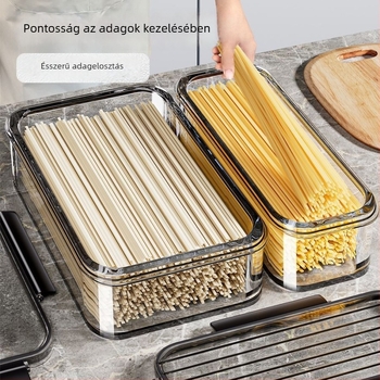 PET‑anyagú tároló tészta és gabona számára, téglalap alakú, zárható fedéllel, skandináv stílusú