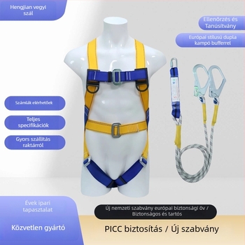 Ötpontos teljes testbiztonsági öv poliészter hevederrel és poliészter zsinórral, kettős horoggal és buffer táskával HVAC-javításokhoz és építőipari munkákhoz – esés elleni védelem