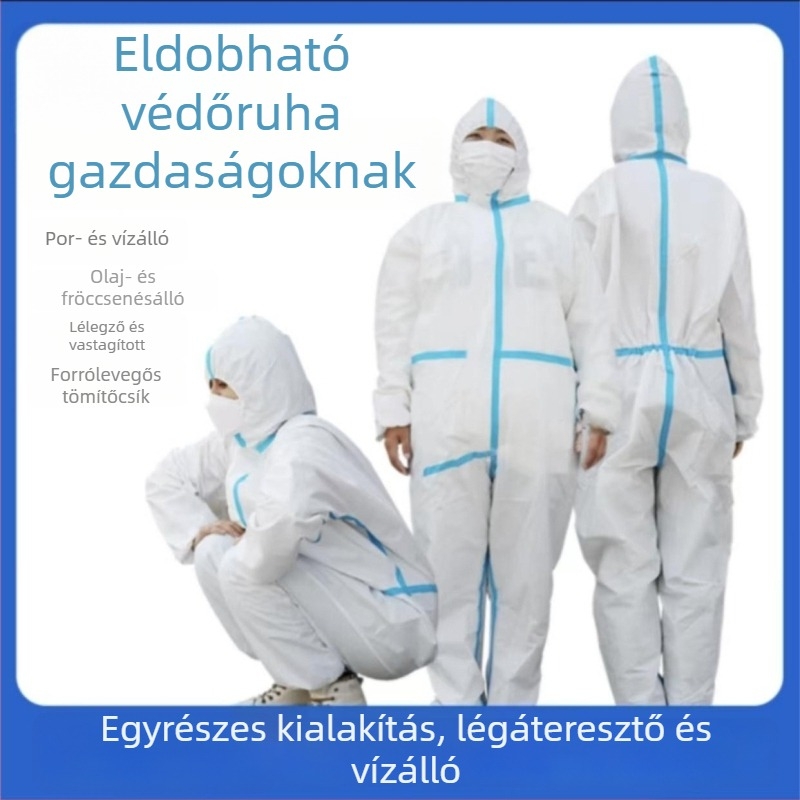 Egyszer használatos védő overál kapucnival, nem szőtt anyagból, vízálló, egyrészes