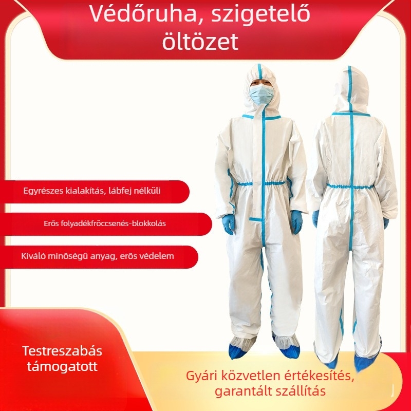 Egyszer használatos védő overál kapucnival, nem szőtt anyagból, vízálló, egyrészes