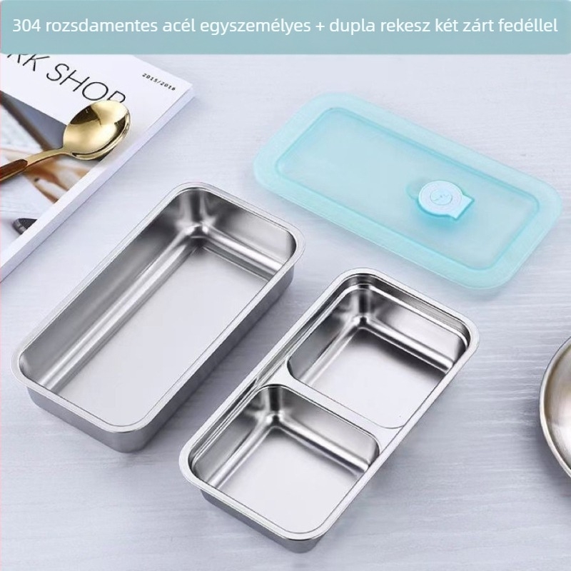 304 rozsdamentes acél ételtároló fedővel, téglalap alakú, 301–500 ml, mikrohullámú sütőben használható, modern minimalista stílus
