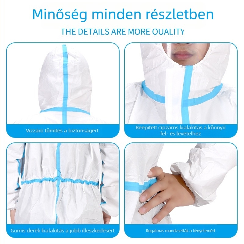 Egyszer használatos védőoverál kapucnival, antistatikus, összekapcsolt típus, vegyi védelem, nem szőtt lélegző membrán