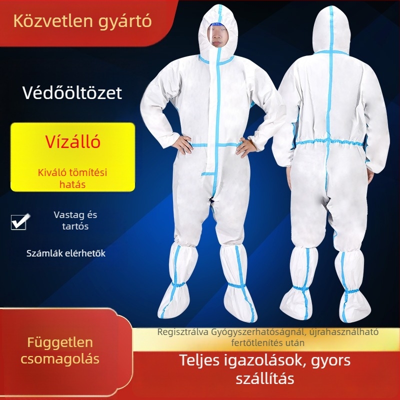 Egyszer használatos védőoverál kapucnival, antistatikus, összekapcsolt típus, vegyi védelem, nem szőtt lélegző membrán