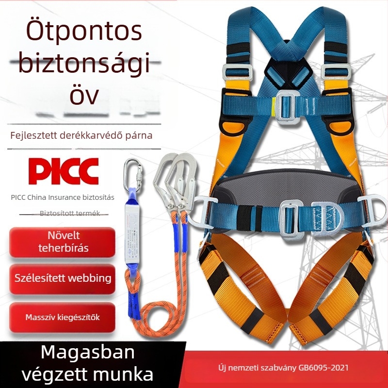Ötpontos biztonsági heveder magasságban végzett munkákhoz, dupla kampóval ellátott villanyszerelői biztonsági kötél, teljes zuhanás elleni készlet