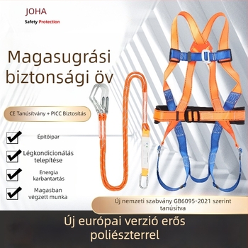 Ötpontos biztonsági heveder kettős horogokkal, poliészter rostból, kültéri munkához magasban