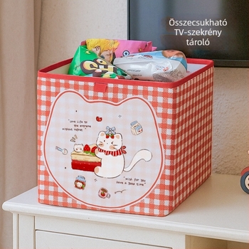 Asztali tárolódoboz, hajtogatható, anyag: twill szövet/PP lemez, minta: rácsos, stílus: aranyos rajzfilmszerű, kapacitás: 20-25