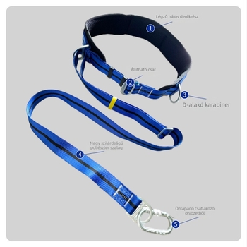 Villanyszerelő biztonsági öv oszlopmászáshoz, egyoldali deréköv, 100 kg teherbírás, PP öv, poliészter kötél, kötélhossz 2 m