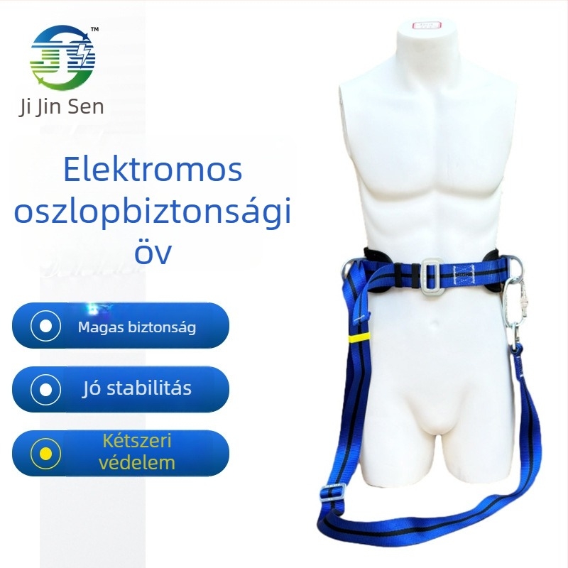 Villanyszerelő biztonsági öv oszlopmászáshoz, egyoldali deréköv, 100 kg teherbírás, PP öv, poliészter kötél, kötélhossz 2 m