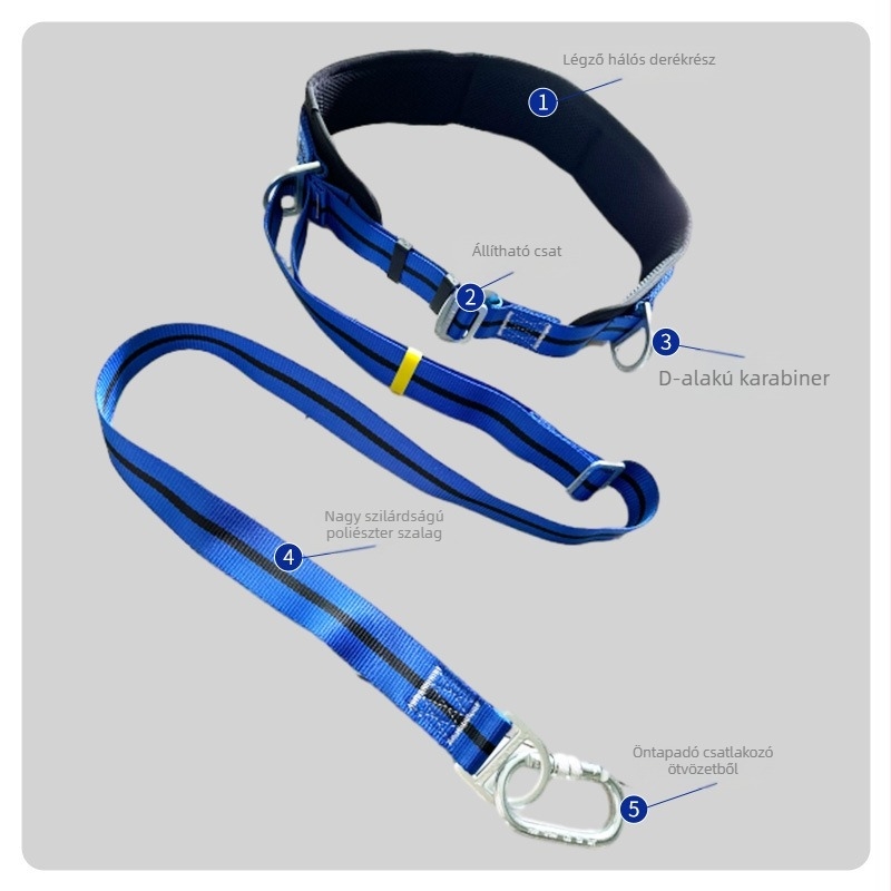 Villanyszerelő biztonsági öv oszlopmászáshoz, egyoldali deréköv, 100 kg teherbírás, PP öv, poliészter kötél, kötélhossz 2 m