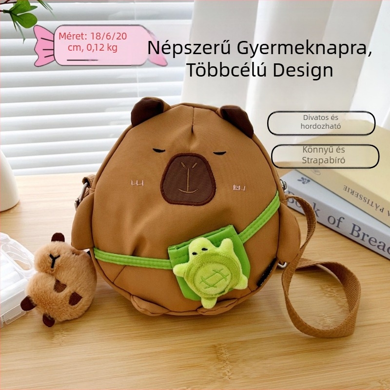 Capybara keresztbody táska, nylon külső, poliészter bélés, kör alakú, cipzár, telefon zseb, egysoros vállpánt