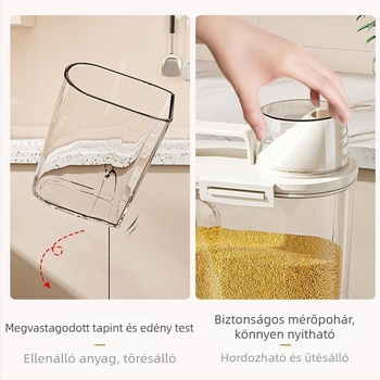 Zárt gabonatároló doboz, négyszögletes műanyag tartály, kapacitás 2,1–3 L