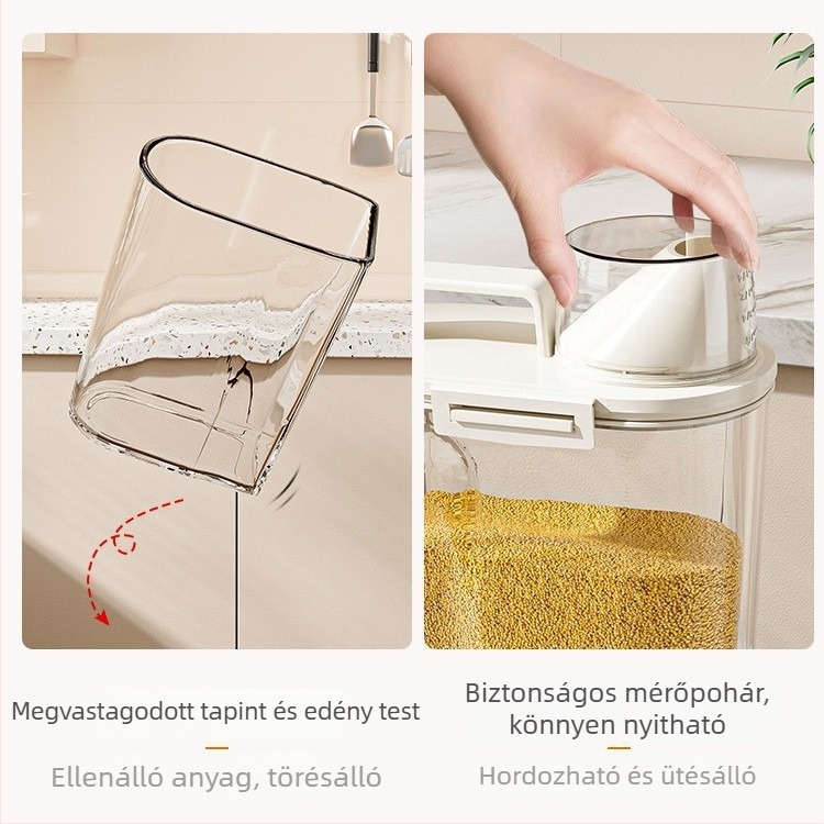 Zárt gabonatároló doboz, négyszögletes műanyag tartály, kapacitás 2,1–3 L