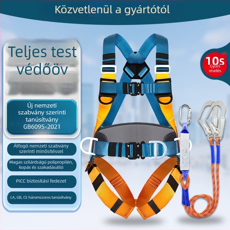 Teljes testű öt pontvédő öv 3 m kötéllel, 100 kg teherbírás; öv és kötél poliészter és ötvözetes acél.